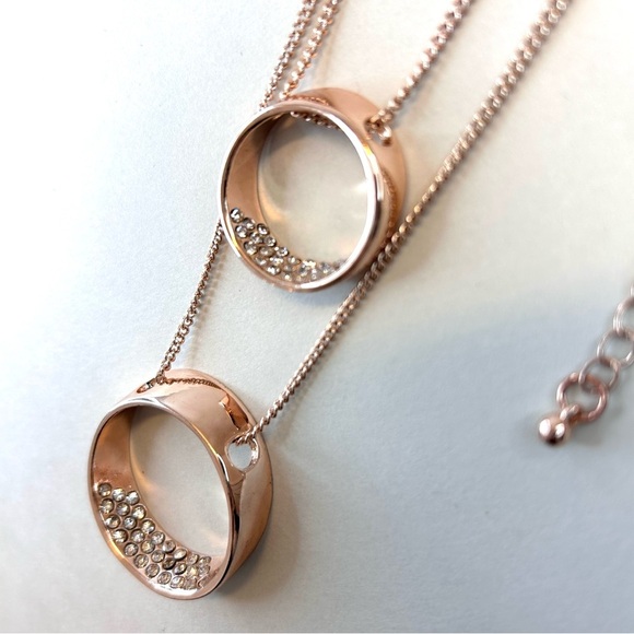 Rose Gold Tone Metal with Crystals Set Dangle Earrings Long Necklace - Picture 8 of 11